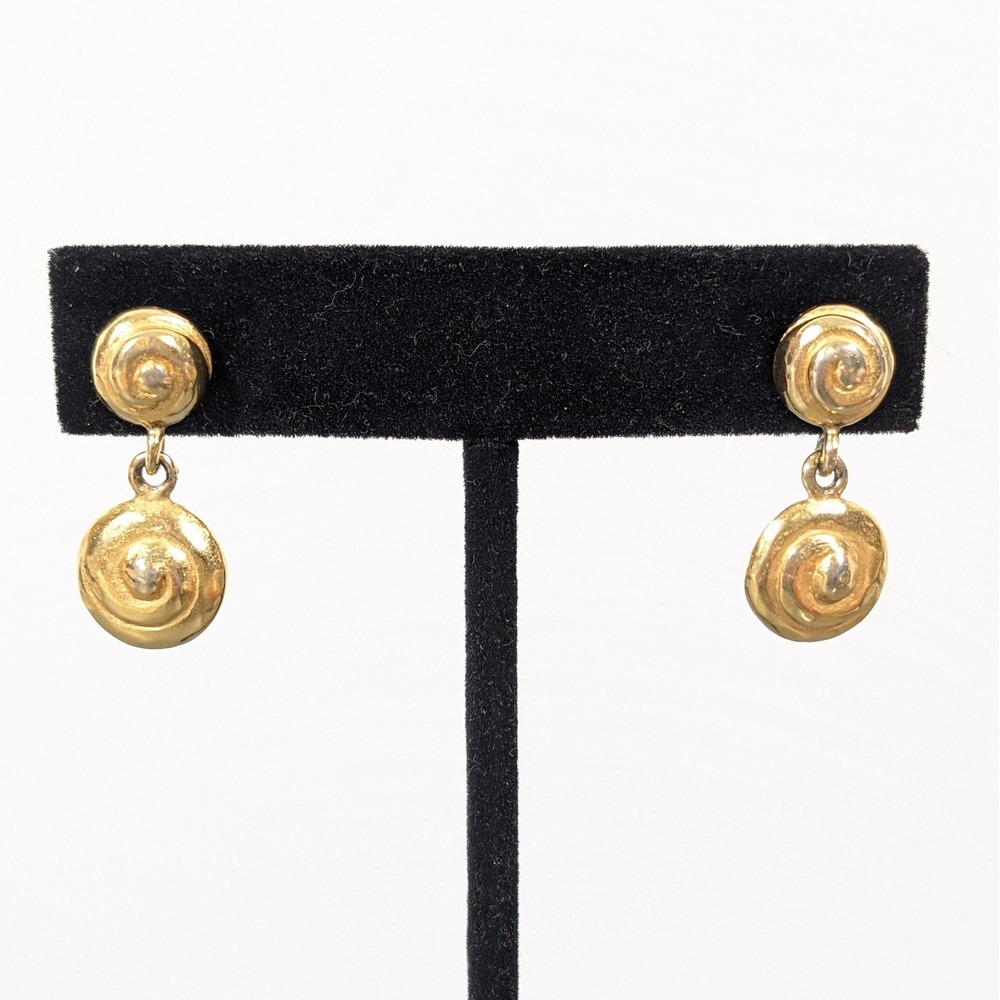 Vintage Gold Tone Swirl Drop Earrings Pierced Retro Dangle